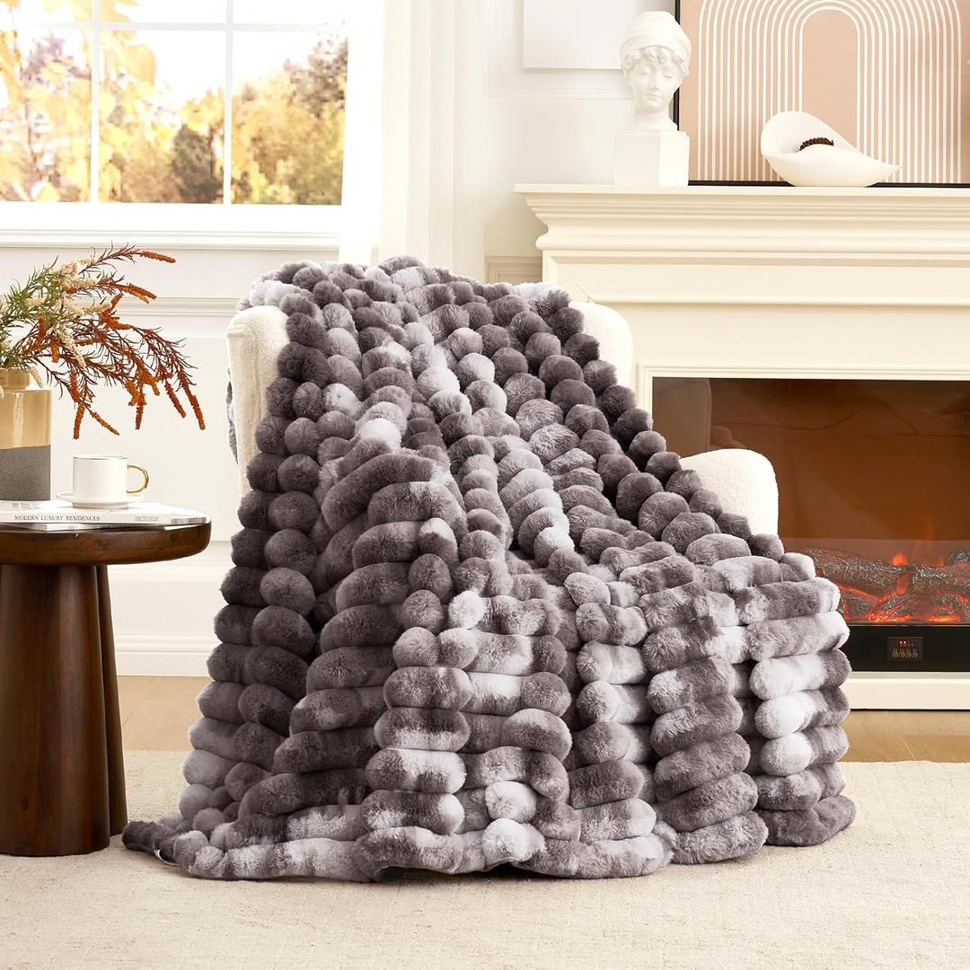 Cozy Bliss Faux Fur Throw Blanket for Couch, Cozy Warm Plush Striped Blanket for Sofa Bedroom Living Room, 50 * 60 Inches Tie-dye Grey