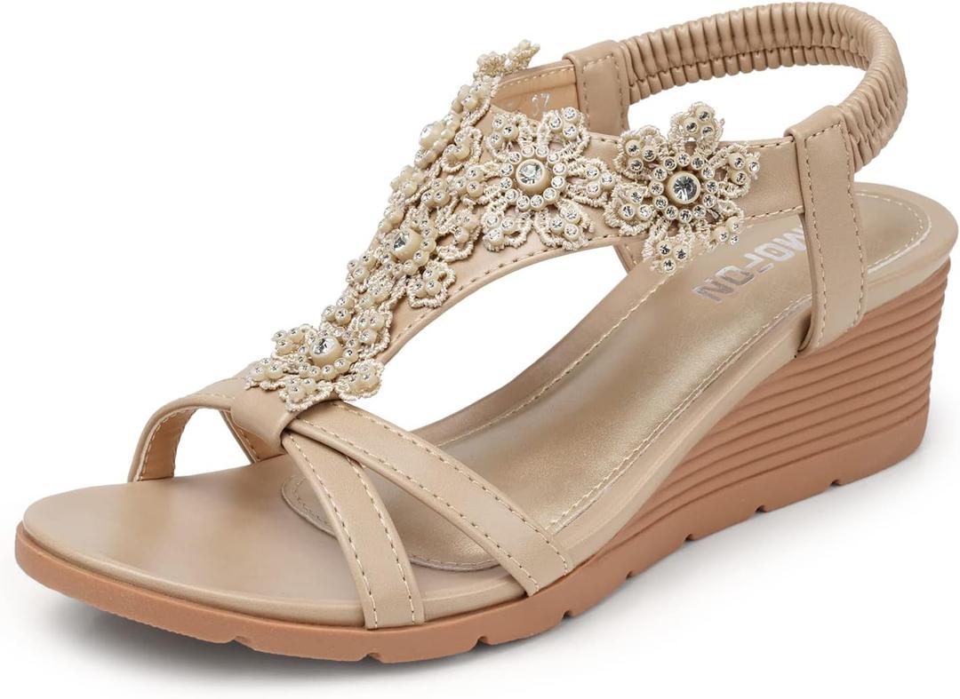 TEMOFON Women's Low Wedge Heels Summer Dressy Platform Sandals Elastic Ankle Strap Open Toe Flower Shoes Nude Size 7