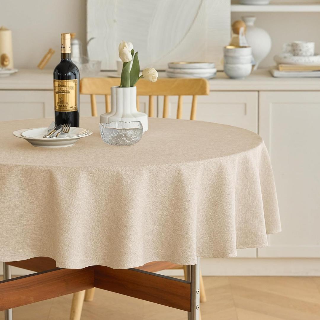 Faux Linen Round Table Cloth 60 inch, Waterproof Decorative Fabric Anti-Scratch Texture Round Tablecloth Cover for Dining, Kitchen & Outdoor Table (60 Inch, Round (2-4 Seats), Beige)