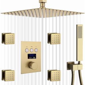 Shower System with Body Jets Brushed Gold Shower Faucet Set 12 Inch Ceiling Mount Rain Shower Faucet Fixture Combo Set Bathroom LED Digital Display Mixer Valve Contain Valve Body and Trim