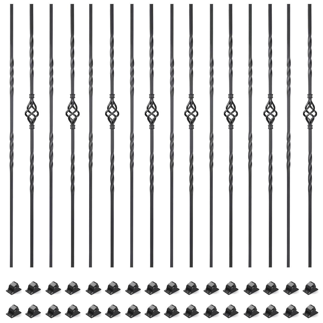16 Pack Staircase Balusters, 1/2" x 44" Hollow Single Basket and Double Twist Iron Balusters for Staircase Indoorwith 32 Swivel Shoes