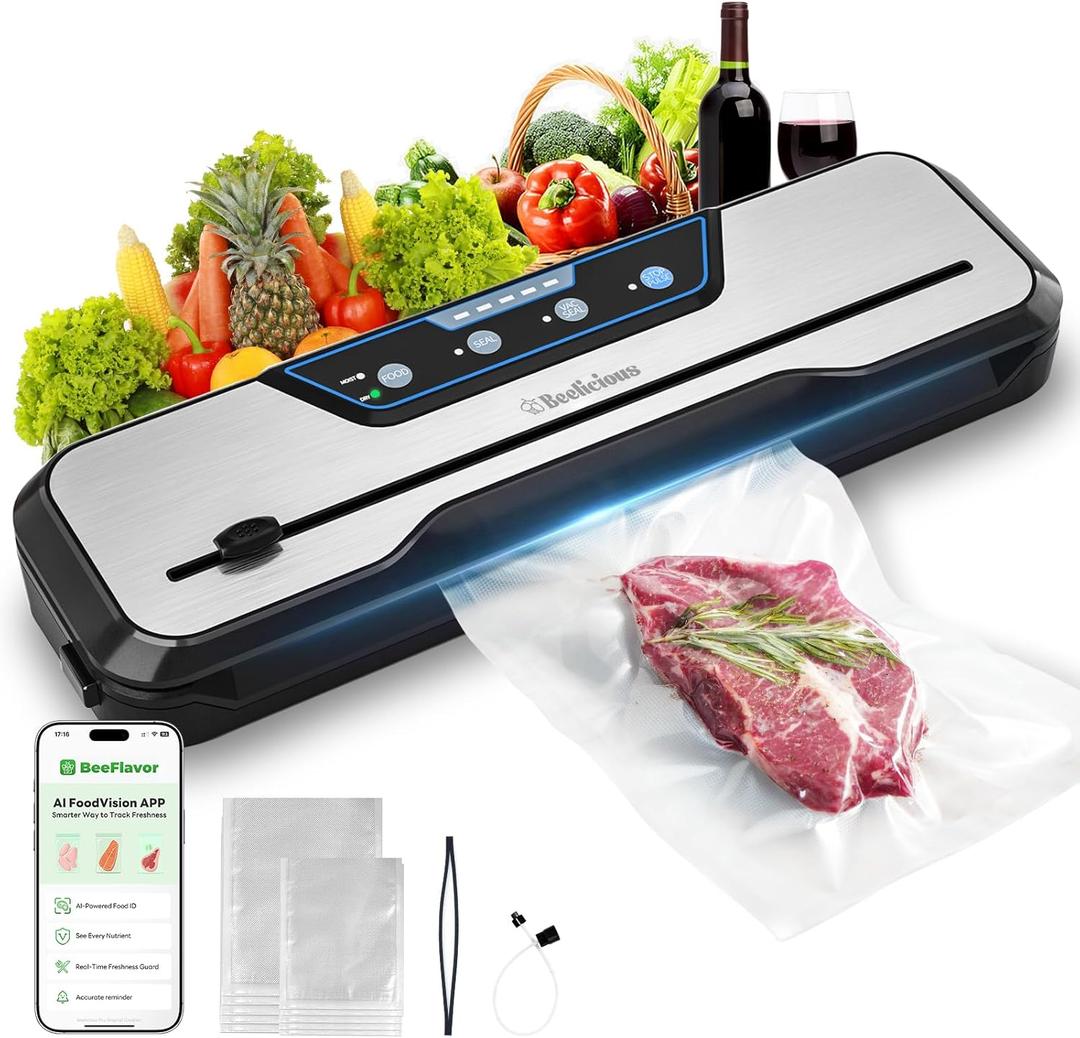 Vacuum Sealer Machine, with Starter Kit, Beelicious Automatic Air Sealing for Food Storage, Build-in Cutter, Moist Mode, EXT-VAC (Stainless Steel)