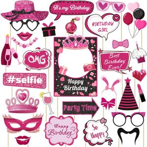 30 Pcs Pink Girls Birthday Photo Booth Props Kit - Hot Pink Princess Birthday Party Decoration Set with Real Glitter Cute Designs for Her, Funny Selfie Photo Booth Props for Kids Girls Any Bday Party