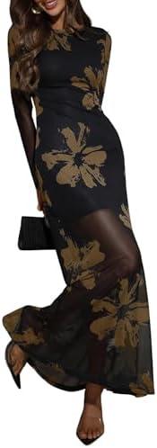 Verdusa Women's Floral Mesh Maxi Dresses Elegant Formal Long Sleeve Spring Wedding Guest Dress Cocktail, S