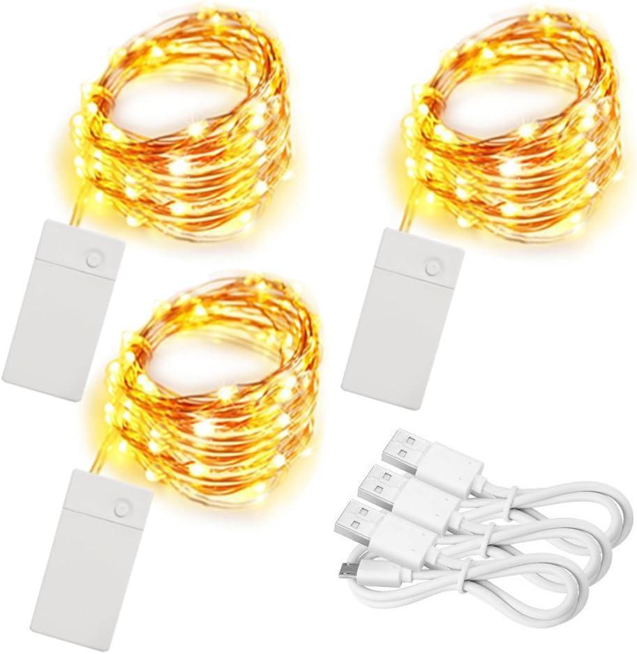 3 Pack Rechargeable String Fairy Lights 10ft 30 LED, 4 Modes Copper Wire Christmas Starry Lighting, Waterproof Micro Firefly Moon Light, Warm White, Battery and USB Cable Included