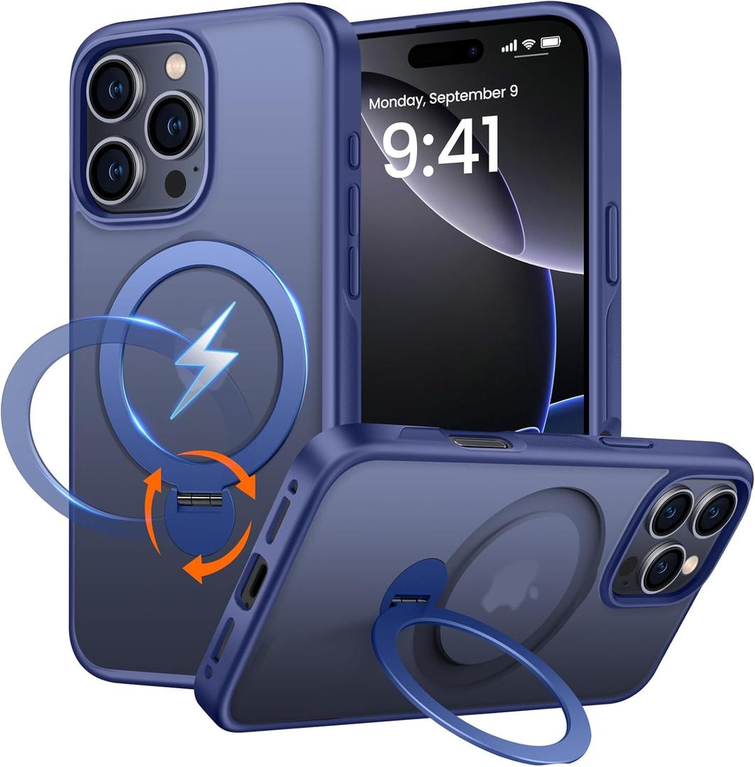 360 Rotatable Magnetic Stand for iPhone 16 pro max Case Compatible with Magnetic 16FT Military Drop Protection, Anti-Scratch/Fingerprint Shockproof iPhone 16 pro max Phone Case(Matte-Blue)