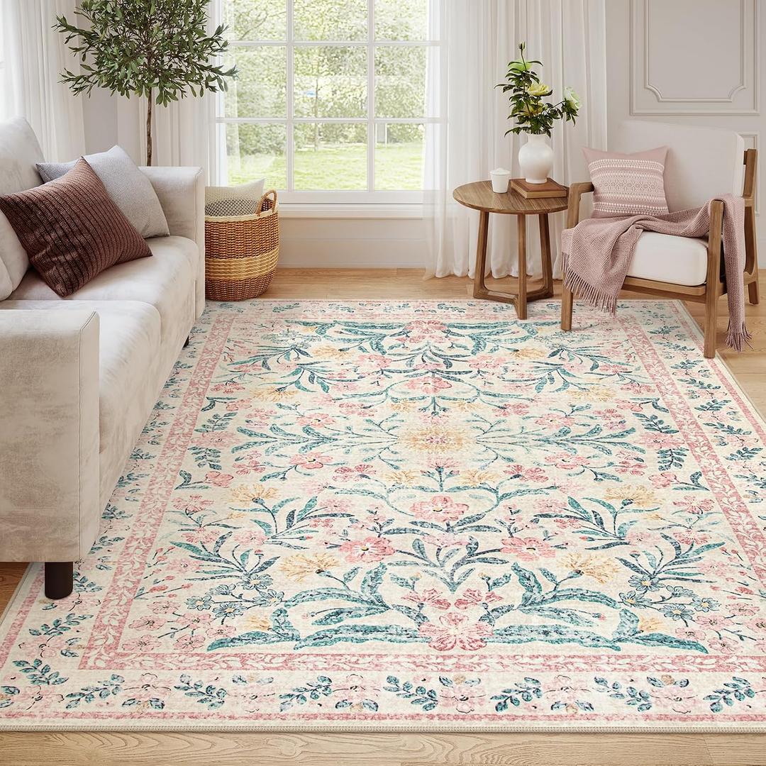 Wonnitar 8x10 Washbale Rugs for Living Room, Boho Pink Room Decor for Girls Bedroom, 8 x 10 Soft Non Slip Low Pile Indoor Floral Carpet for Kids Room Playroom Toddler Nursery