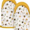 Slohif Bee Mini Oven Mitts Set  Yellow Extended Short Heat Resistant Kitchen Gloves for Women, 100% Cotton Oven Mitts with Silicone Grips, Non-Slip and Thick Durable for Cooking & Baking
