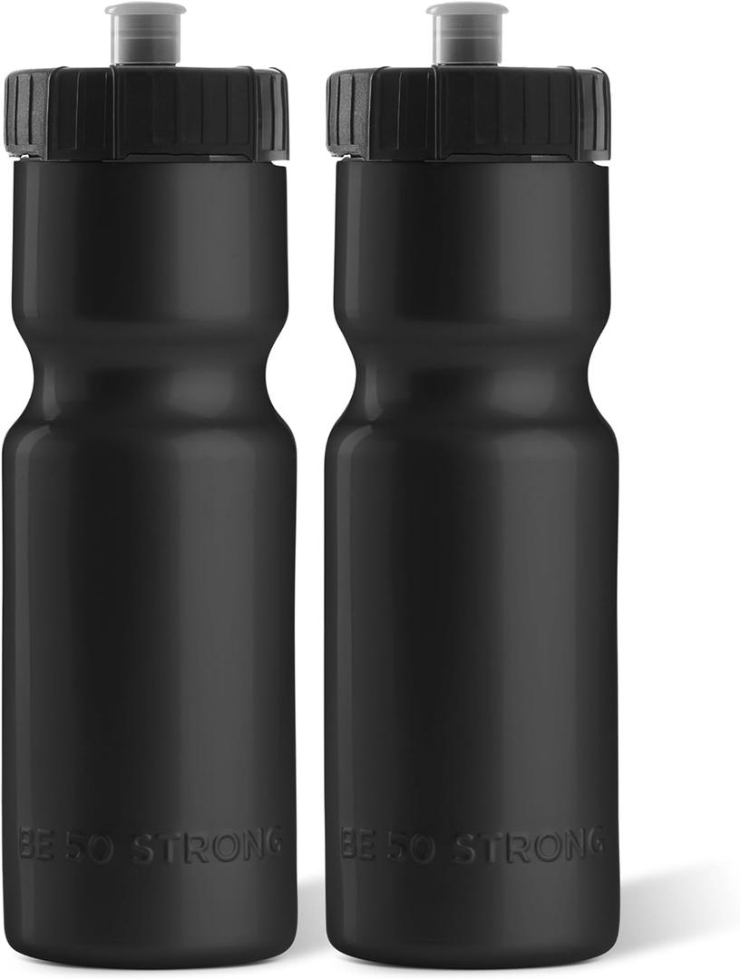 50 Strong Sports Water Bottles  Reusable 22 oz BPA-Free Plastic Bottles with Pull Top Cap  Made in USA  Top Rack Dishwasher Safe  Fits Most Bike Cages Brand (Black)
