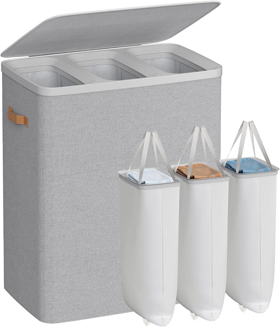 SONGMICS Laundry Basket, 50.2 Gal. Laundry Hamper, 3 Compartments, Easy Assembly, with Lid and Handles, Removable Liners, 25.2 x 15.7 x 29.5 Inches, Dove Gray ULCB814GD01, 190 L