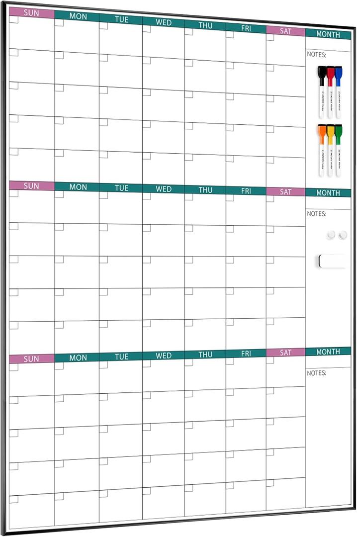3-Month Dry Erase Calendar for Wall, 39"x28"