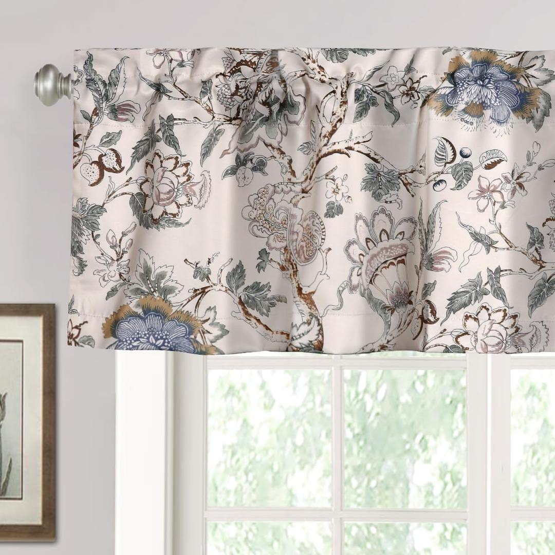 H.VERSAILTEX Blackout Curtain Valances for Kitchen Window/Living Room/Bathroom Privacy Added Rod Pocket Home Decoration Winow Valance, 52" W x 18" L, Floral in Sage and Brown
