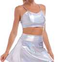Women Alien Costume Metallic Crop Top Shirt + Holographic Mini Skirt + Martian Headband Rave Outfits Halloween Cosplay (Medium, Holographic Silver (Spaghetti Straps Tops))