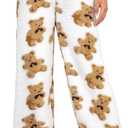 WDIRARA Women's Cartoon Bear Graphic Fuzzy Pajama Pants Elastic Waist Straight Leg Trousers (Beige, L)