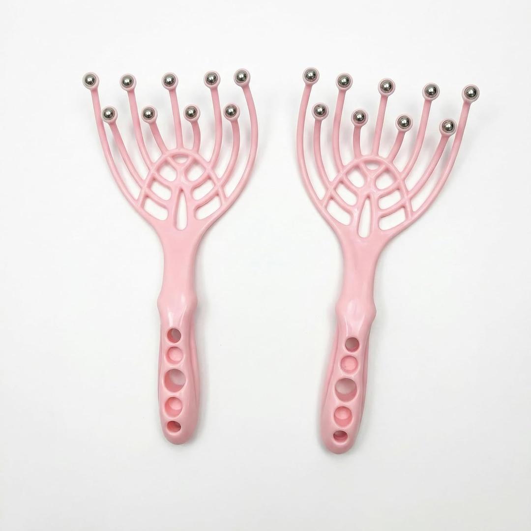 TJE Handheld Scalp Massager, 2 Pack with 9 Claws & Rolling Balls for Head & Body, Portable Relaxation Tool for Home, Office & Travel, Pink