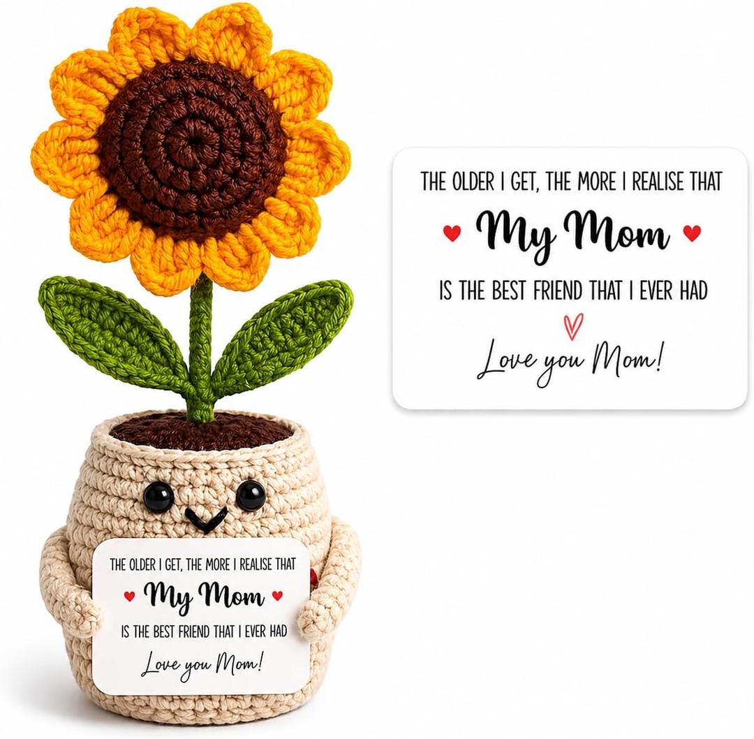 Crochet Sunflower Gift for Mom, Handmade Knitted Flower Pot Cute Amigurumi, Mother's Day Birthday Gifts for Women,Grandma Desk Home Decor, I Love You Mom Present