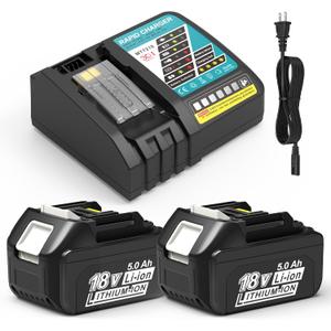 2 Packs 5.0Ah 18V Battery and Charger Replacement for Makita 18V Battery Li-ion BL1850B BL1830B BL1840B BL1860B BL1815B, Compatible with Makita Charger and Power Tools