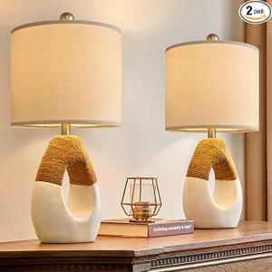 OYEARS 19'' Small Boho Table Lamps for Bedroom Set of 2, Farmhouse Rattan Bedroom Lamps for Living Room Rustic Home Decor, Nightstand Bedside Lamps for Sofa Table Entry Way, Suitable for Small Places