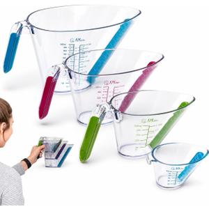 KPKitchen 4-Piece Angled Liquid Measuring Cups Plastic Set - BPA-Free Mini Oz, 1, 2 and 4 Plastic Measuring Cup Sizes - Measuring Cups For Liquids with ML & Cups Measures - Small & Large Measure Cup