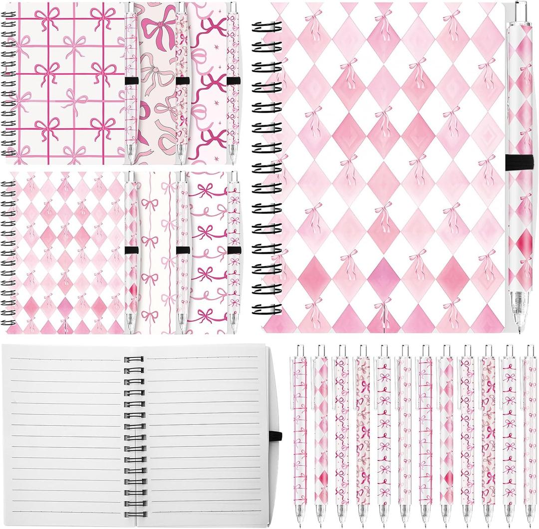 3 x Sinload 12 Pcs Pink Bow Ballpoint Pens with 3 Notebooks, Black Ink Set | Coquette Preppy Aesthetic Supplies for Girls, Cute Writing Gift for School Office Birthday, Spiral Notebooks with Holder
