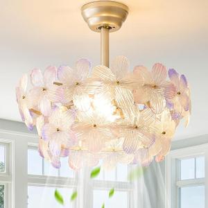 Gold Crystal Fandelier Ceiling Fans with Lights, 20" Gold Flower Chandelier Ceiling Fan with Light Remote Control, Caged Mid Century with 6 Speeds for Bedroom, Nursery, Living Room (Multi)