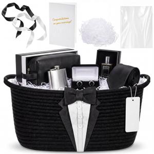 Colingmill Wedding Basket for Gift Empty, Medium Woven Cotton Rope Gift Basket for Bride Groom, 14 x 10 x 5.5'' Storage Box for Bridal Shower Engagement Newlyweds(Tuxedo)