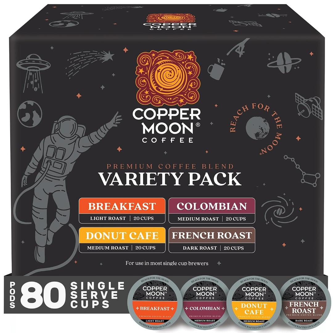 Copper Moon Single Serve Coffee Pods For Keurig K-Cup Brewers, Light Medium & Dark Roast, Variety Pack, 80 Count (EXP 07/01/28)