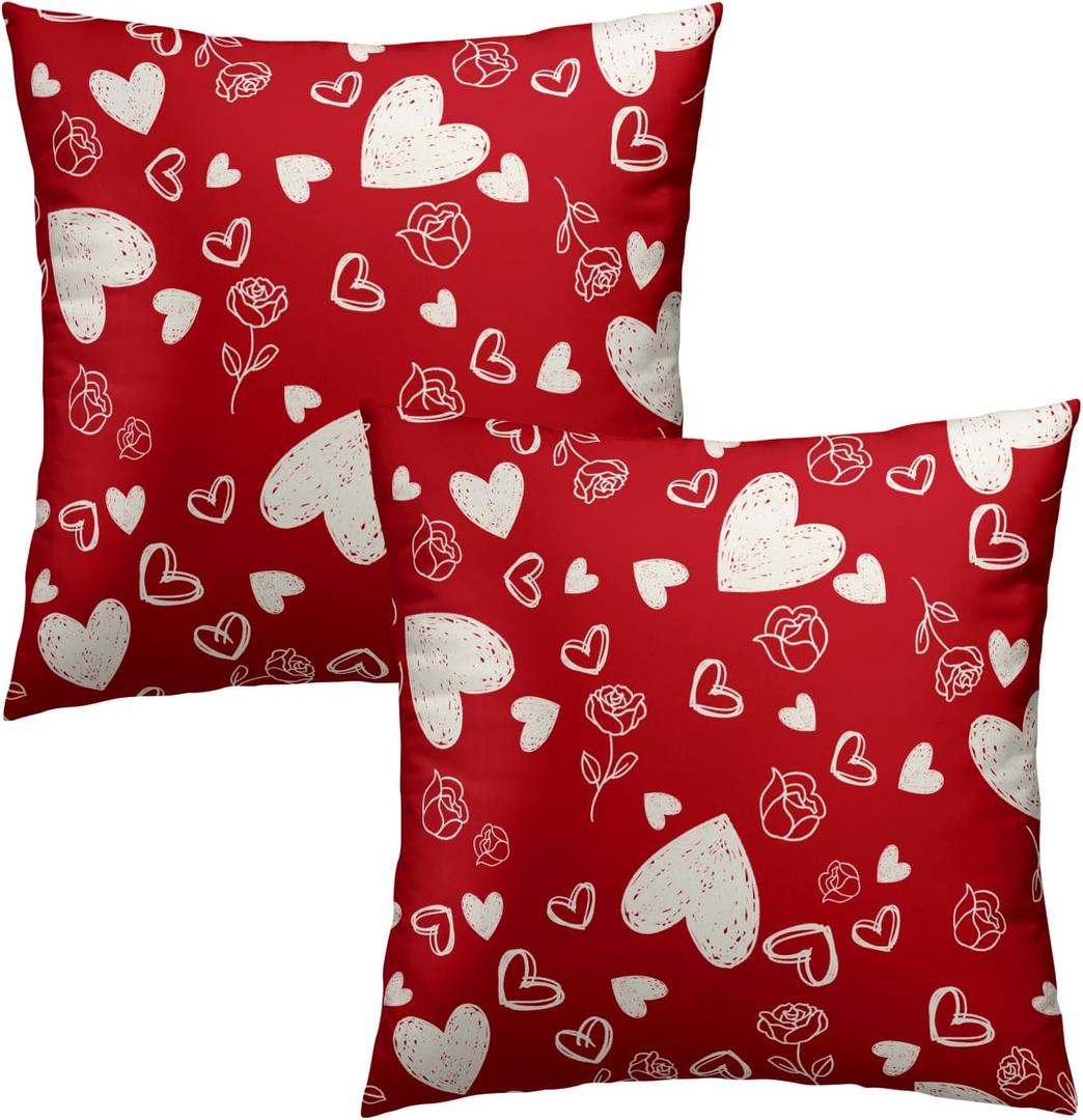 Valentines Pillow Cover - Red Hearts Throw Pillow Covers 18x18 Set of 2 Rose Flower Decorative Pillowcases for Couch Sofa Bedroom