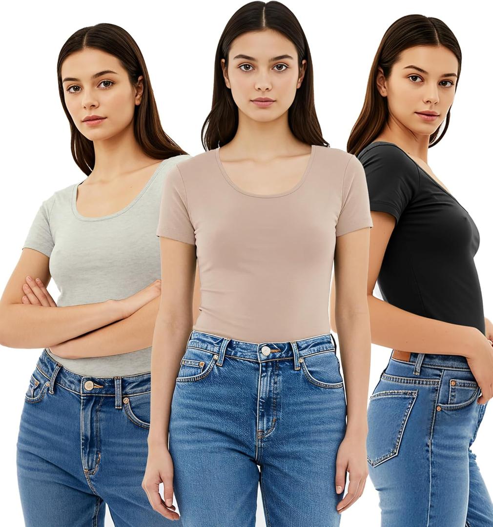 Emmalise Women's Short Sleeve Tshirt Scoop Neck Tee Value Pack Junior Plus Sizes (Gray, XL)