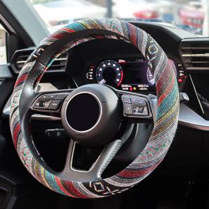 Boho Steering Wheel Cover Elastic Microfiber for Women, Hippie Steering Wheel Cover Ethnic Flax Cloth Universal Fit 15 inch for Cars, Truck, Van, SUV - (D-Blue)