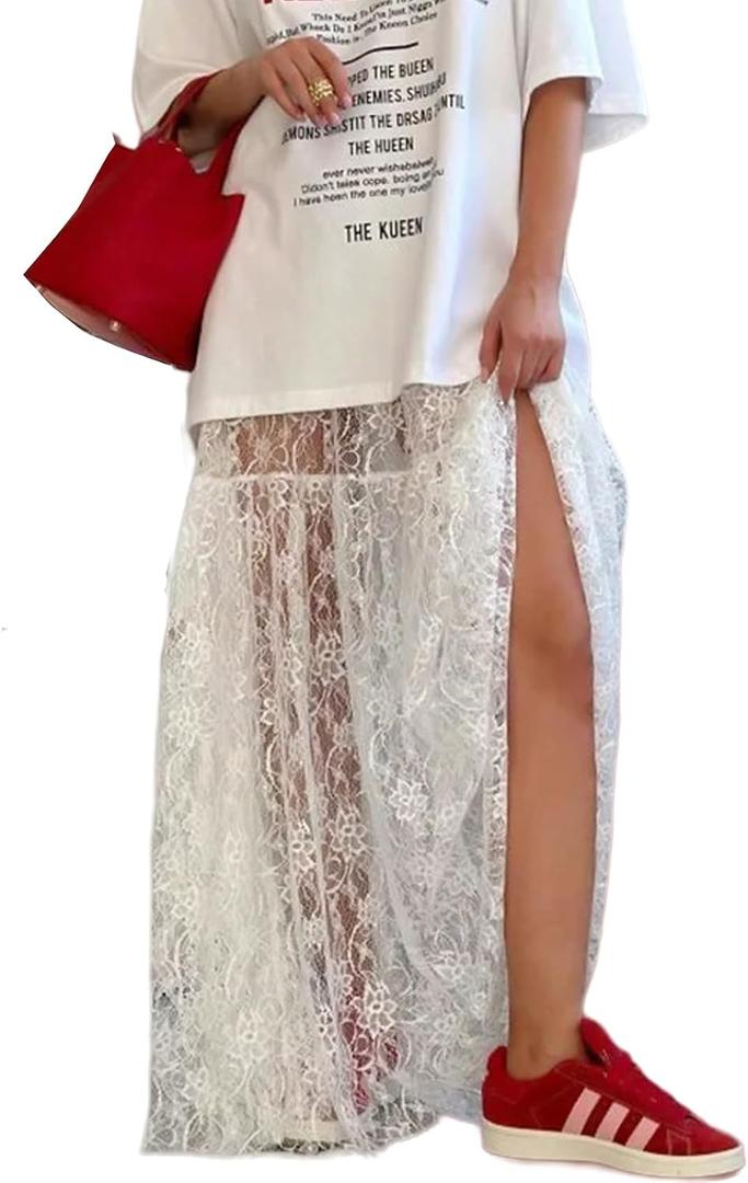 Perbai Women's Sexy Sheer Lace Skirt High Waisted Floral Embroidered Ruffled A Line Long Maxi Beach Skirts(White-S)