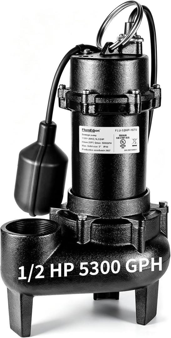 1/2 HP Sump Pump, Submersible Sewage/Effluent Pump, 5300 GPH