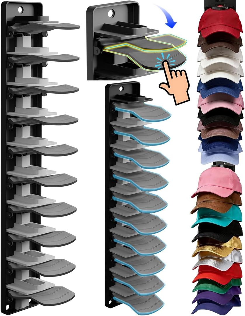 2 Pack Baseball Cap Organizer Can Hold up to 20 Hats for Wall Mount Closet Door Bedroom, Easy to Install Large Capacity Baseball Caps Organizer with Spring Clips, Clean, Space-Saving Hat Storage
