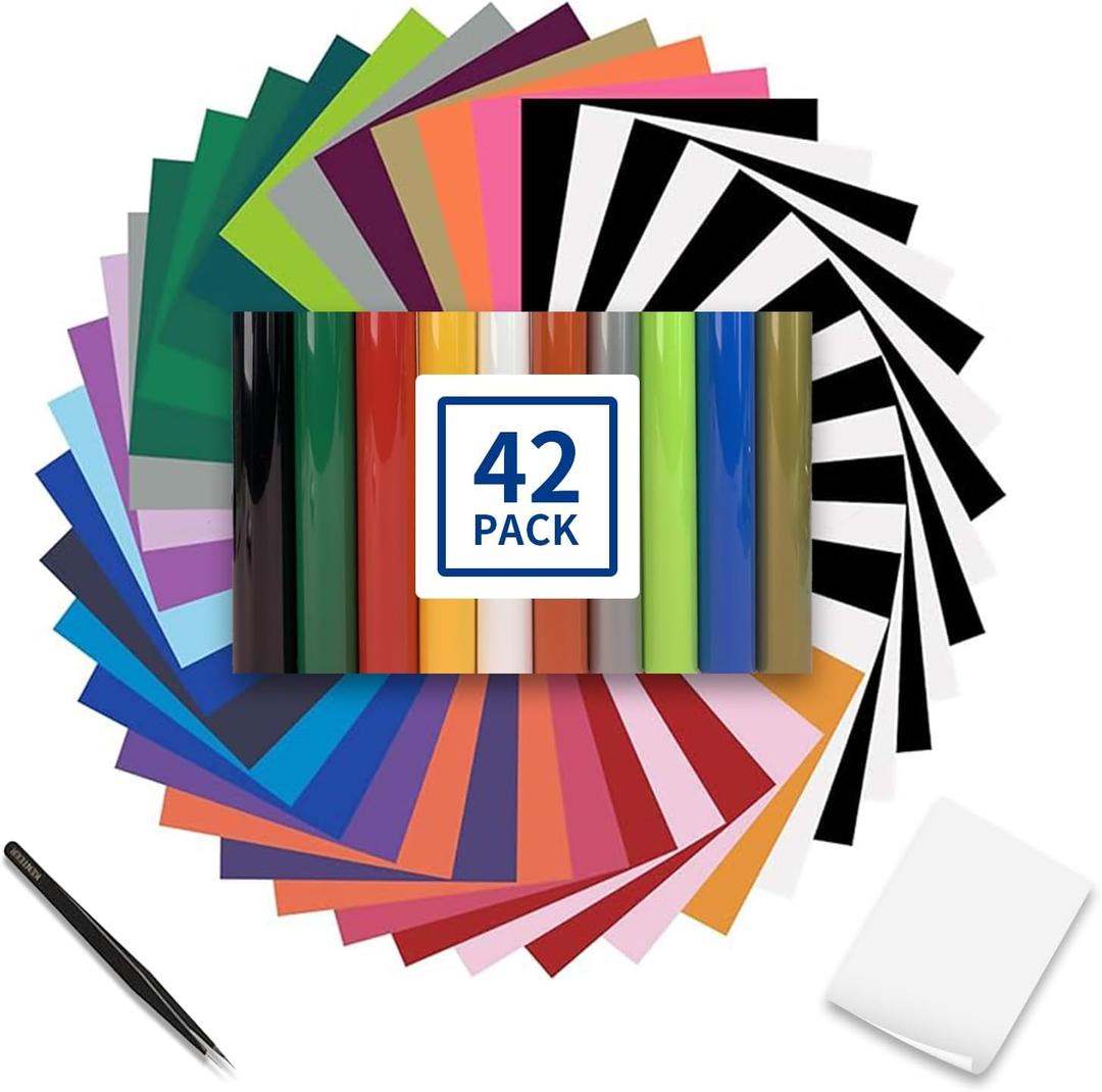 Heat Transfer Vinyl Bundle- 42 Pack 12"x10" Iron On Vinyl Sheets for Cricut/Silhouette with 13 Vibrant Colors/Premium Glossy Finish/Easy Weed & Cut (42 Sheets, colorful)