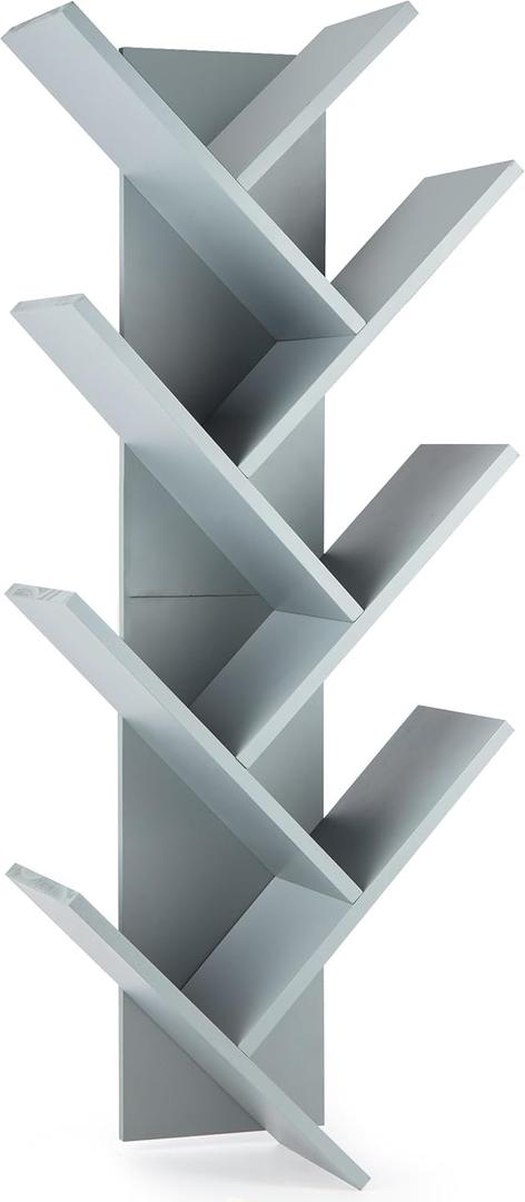 7-Tier Wall Mounted Book Organizer - Grey Pine Wood Book Tree for Bedroom