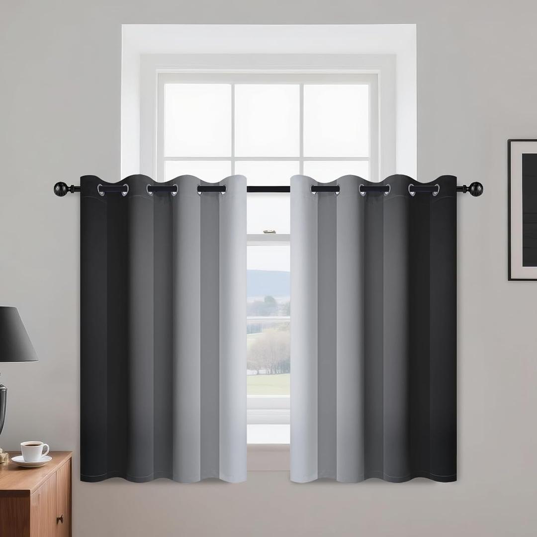 Yakamok Room Darkening Ombre Curtains 36 Inch Length, Black and Greyish White Thermal Insulated Gradient Color Curtains,Light Blocking Grommet Window Drapes for Bedroom,52 Inch Width,2 Panels