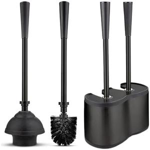 UMIEN 2 Pack Toilet Brush and Plunger Set 18-in - Updated 2025 No-Rust - Stainless Steel Design - Long Handles - with Freestanding Canister (Matte Black)
