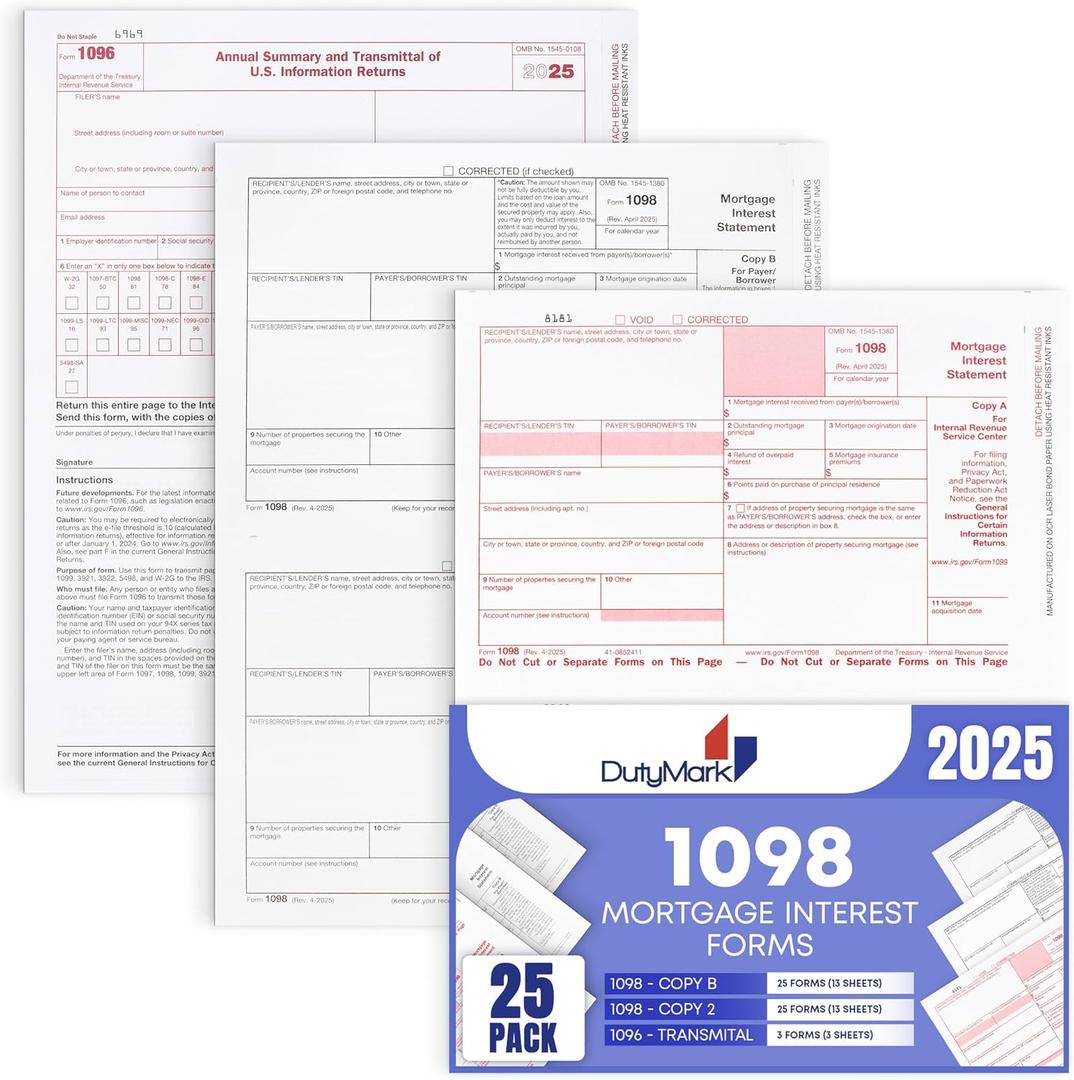 1098 Mortgage Interest -2 Part- Laser Form, Federal Set for 25, 2025