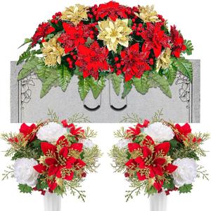 Giegxin 3 Pcs Christmas Headstone Flower Saddle Cemetery Flowers for Grave Red and Gold Poinsettia Berry Artificial Memorial Bouquets with Vase Outdoor Graveyard Decoration for Tombstone Headstone