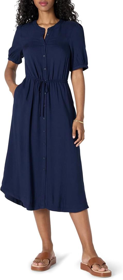 Amazon Essentials Women's Feminine Half Sleeve Waisted Midi A-Line Dress, Navy, Large