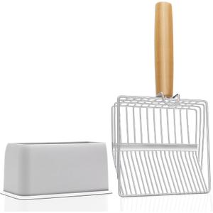 UFECODO Fast Sifting Cat Litter Scoop with Holder Stand, 2 Widths of Slots Stainless Steel Poop Scooper with Ergonomic Wood Handle, Heavy Duty and Easy Clean (0.2&0.4inch gap)