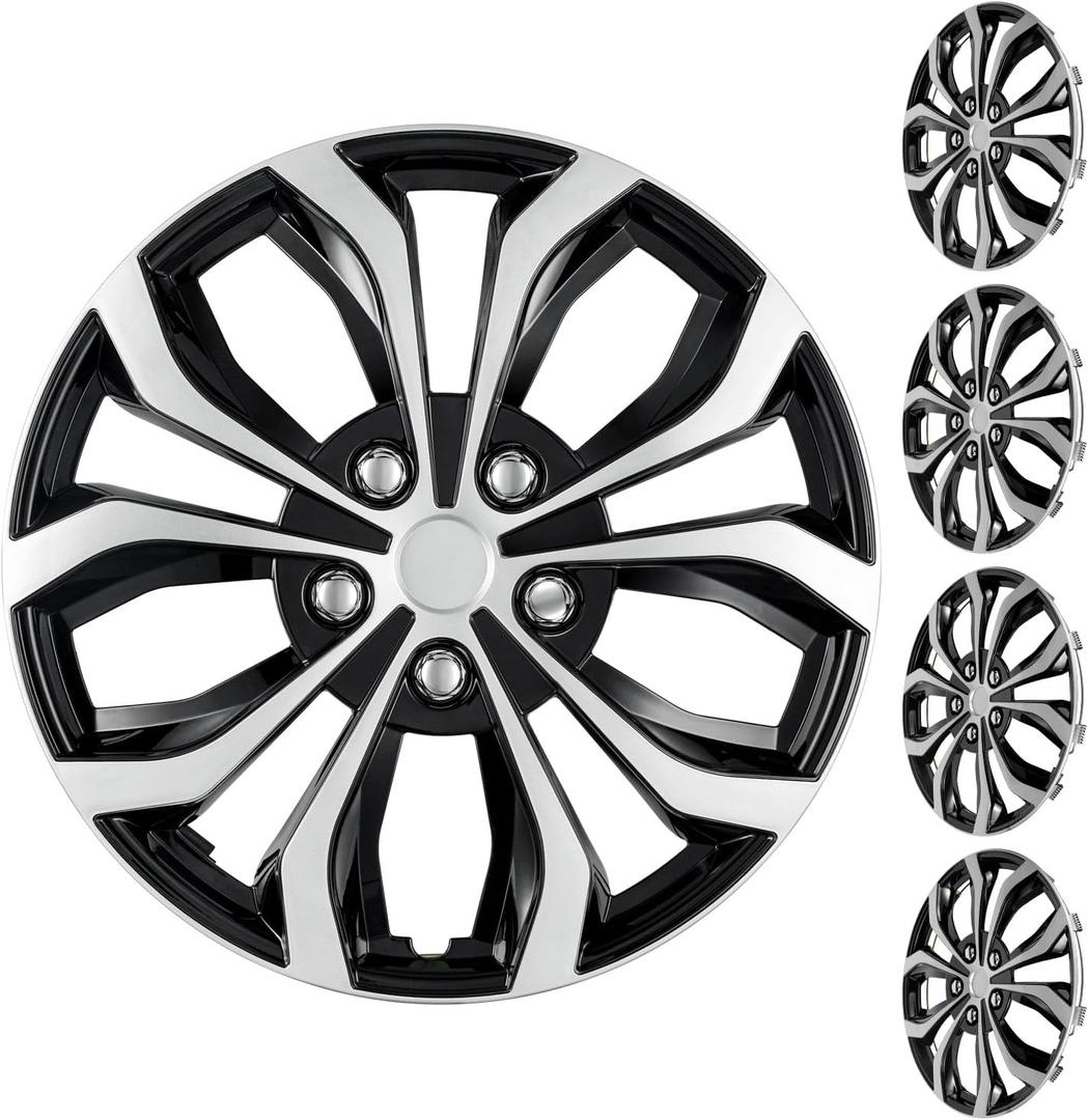 15 Inch Universal Hubcaps, Silver & Black Snap-On Wheel Covers, Compatible with Most Standard Steel Wheels, Cars Sedans & SUV, Set of 4 (Silver and Black)