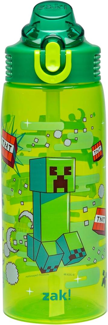 Zak Designs Minecraft Sage Water Bottle For School or Travel, 25oz Durable Plastic Water Bottle With Straw, Handle, and Leak-Proof, Pop-Up Spout Cover (Creeper)