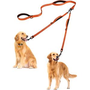 PetBonus Double Lead for 2 Dogs, No Tangle Lead for 2 Dogs, Large, Adjustable, Reflective, Double Leads with 4 Cosy Padded Handles (Orange), Size L