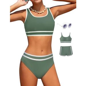 Magwei Girls Swimsuits 3 Piece Bathing Suit Bikini Set with Sporty Shorts and Sunglasses Beach Swimwear for Girl 14-15 Years