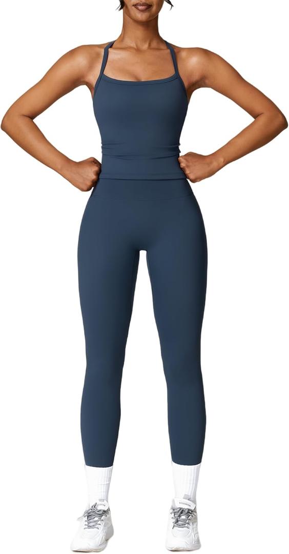 Women's Yoga Outfits Backless Strappy Sports Bra and Seamless Leggings Matching Active Jogger Outfits (Navy Blue, Small)
