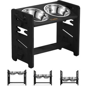 Vantic Elevated Dog Bowls, Adjustable Raised Dog Bowl Stand for Medium Sized Pet, Sturdy Bamboo Food Feeder with 2 Stainless Steel Dishes, Black