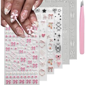 Bow Nail Art Stickers 5D Embossed Flower Nail Decals Spring Summer 3D Self Adhesive Bow Heart Nails Decoration Supplies for Women Nails Design