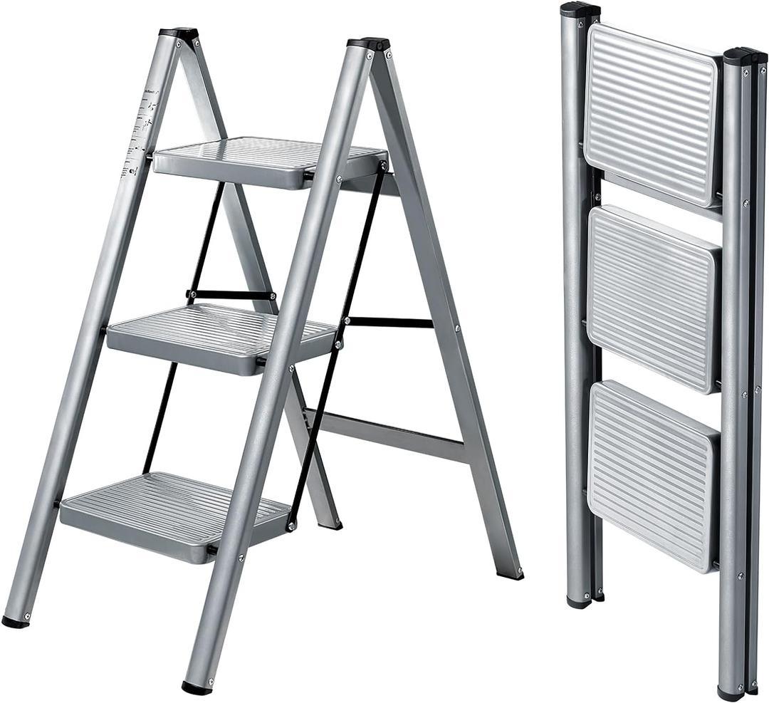 XinSunho 3 Step Ladder, Folding Step Stool with Anti-Slip Wide Pedal, Portable Sturdy Steel Ladder 3 Steps, 330lbs Safety Kitchen & Household Ladder (Gray)