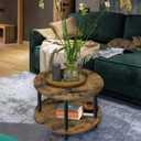Small Round Coffee Table for Small Space, 23.5" 2-Tier Rustic Brown Wooden Coffee Table with Open Storage for Living Room/Balcony/Office, Metal Legs, Easy to Assemble, 23.5"*18.1"